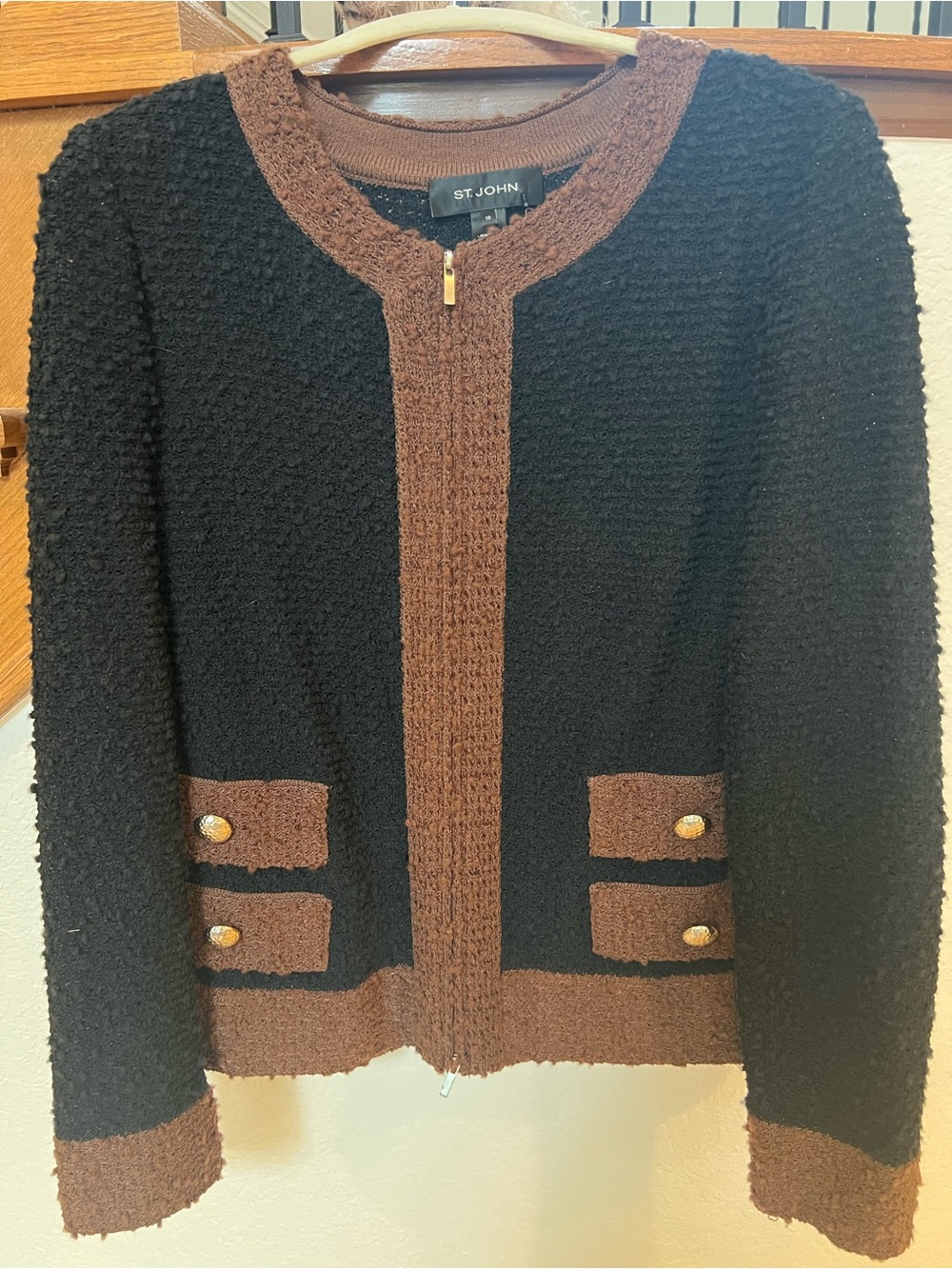 St. John Black and Brown Bouclé Zip-Front Jacket - Picture 7 of 7